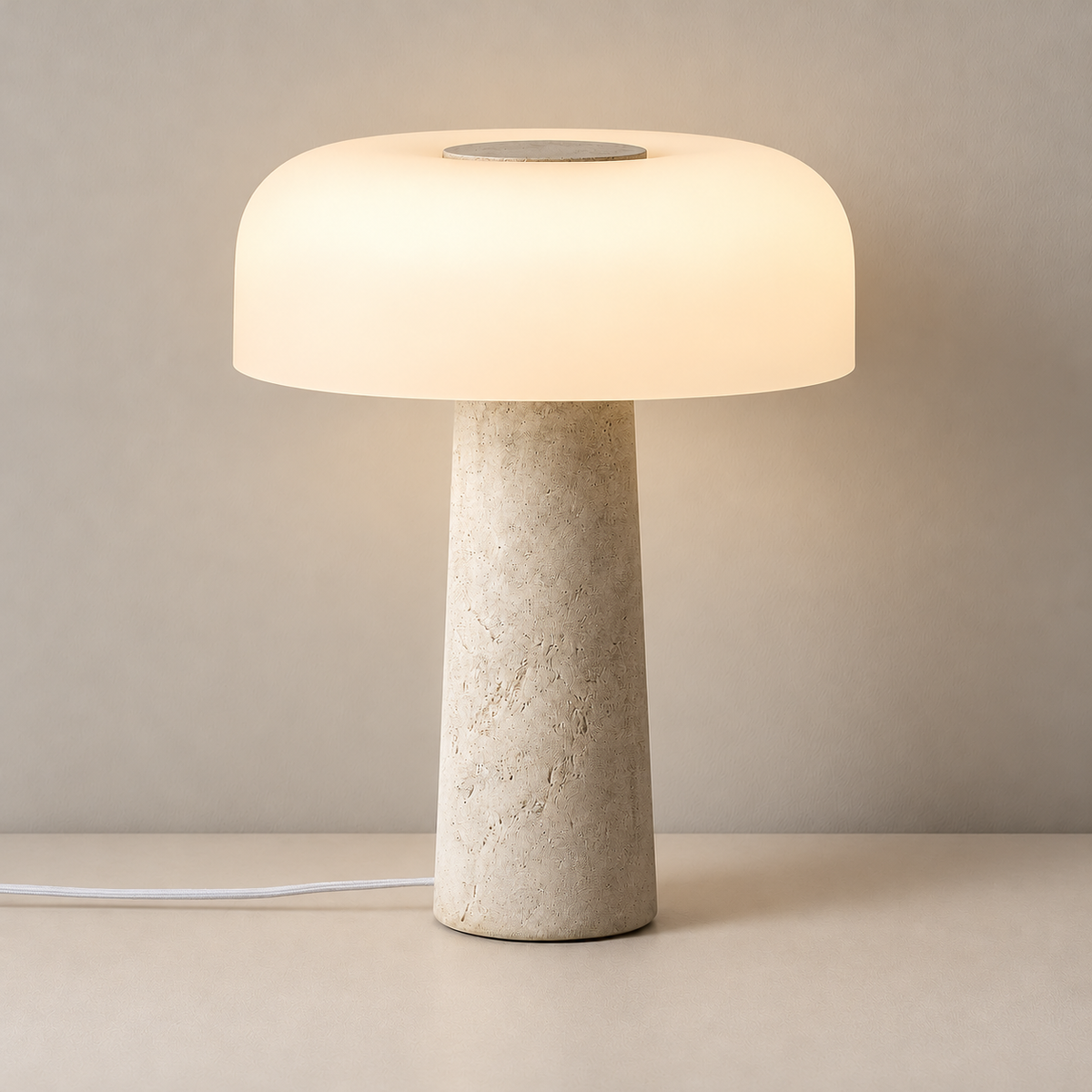 Omarello Table Lamp, illuminated, on a neutral beige background.