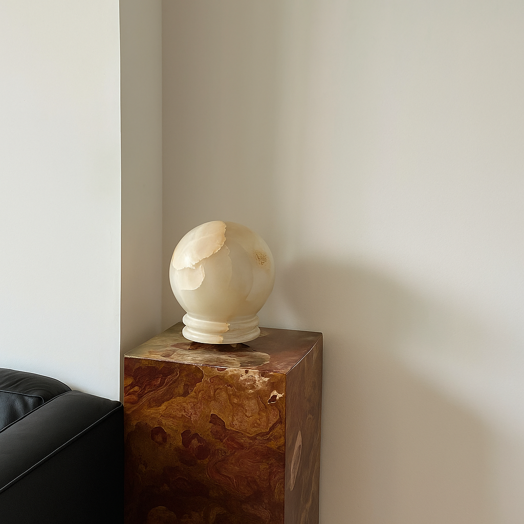Onyx globe lamp on a shelf