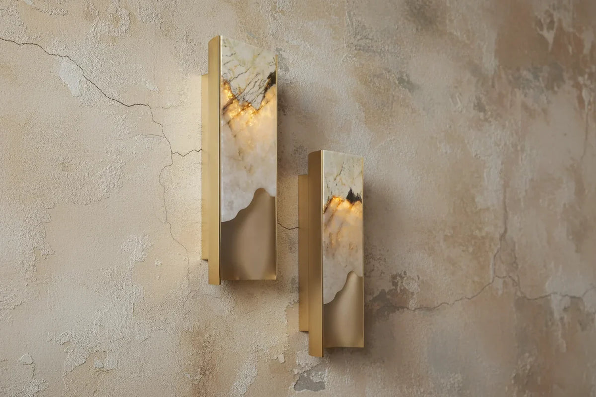 Genuine Onyx Wall Sconce Brushed Brass | Low Profile Hallway Light 40 or 90cm Backlit Stone 2700k Casalola Lights