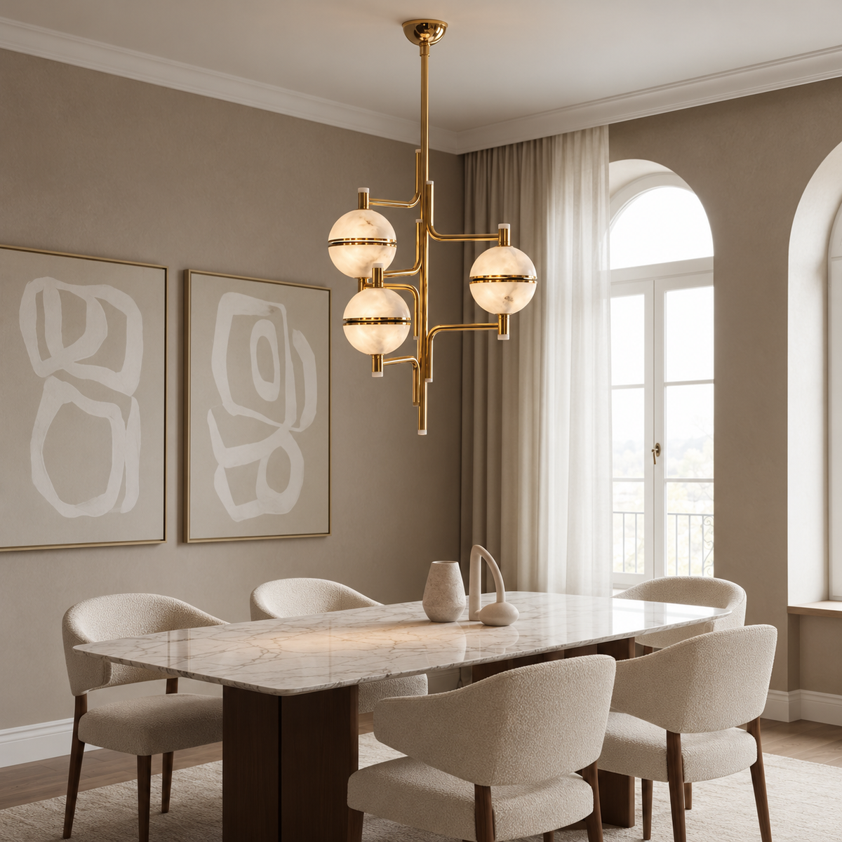 Orbital alabaster chandelier above a marble dining table beside arched windows.