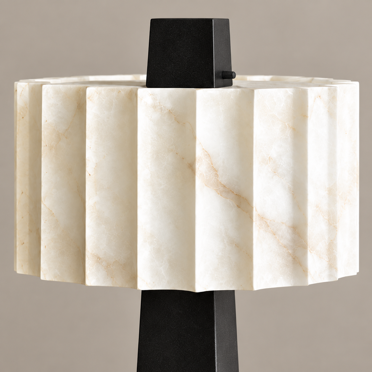 Pleated alabaster shade and black finial of the Pantheon table lamp
