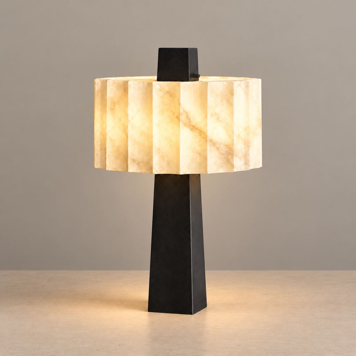 Pantheon alabaster table lamp illuminated on a beige background