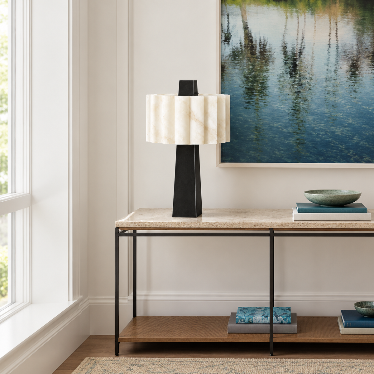 Pantheon alabaster table lamp on a entryway console