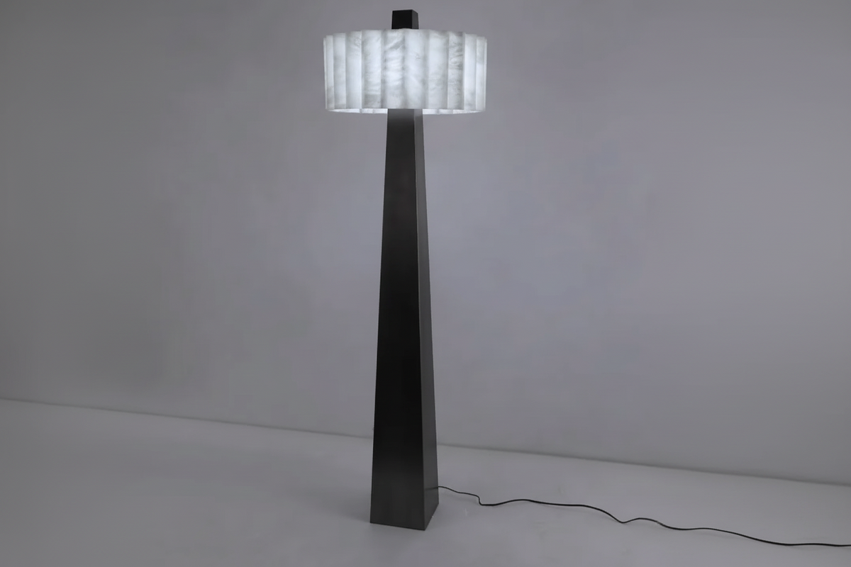 Genuine Alabaster Floor Lamp Pleated Shade | 165cm Tall E26/e27 Dimmable Option 1970s Style Casalola Lights Luxury