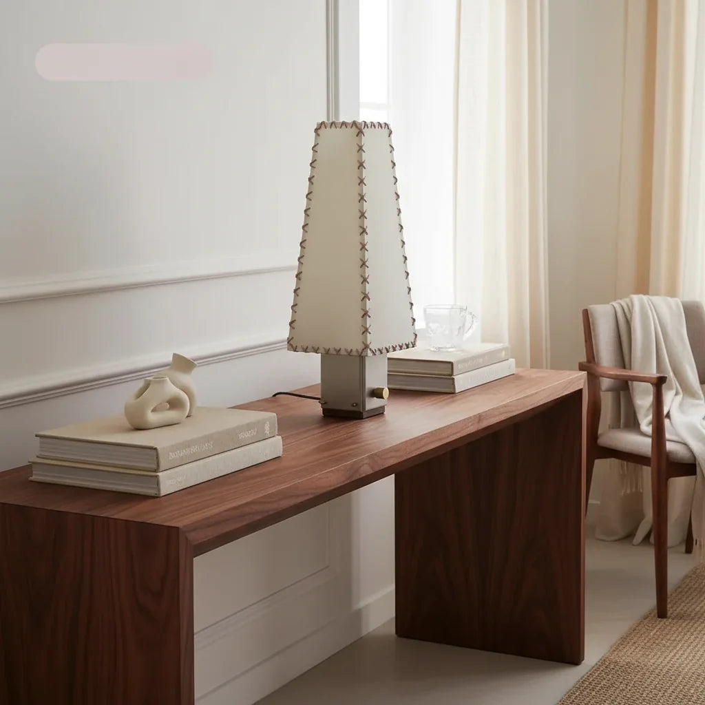 Parchment Shade Table Lamp for Bedroom and Living Room | Hand Stitched Brushed Steel Modern Japandi Casalola Lights