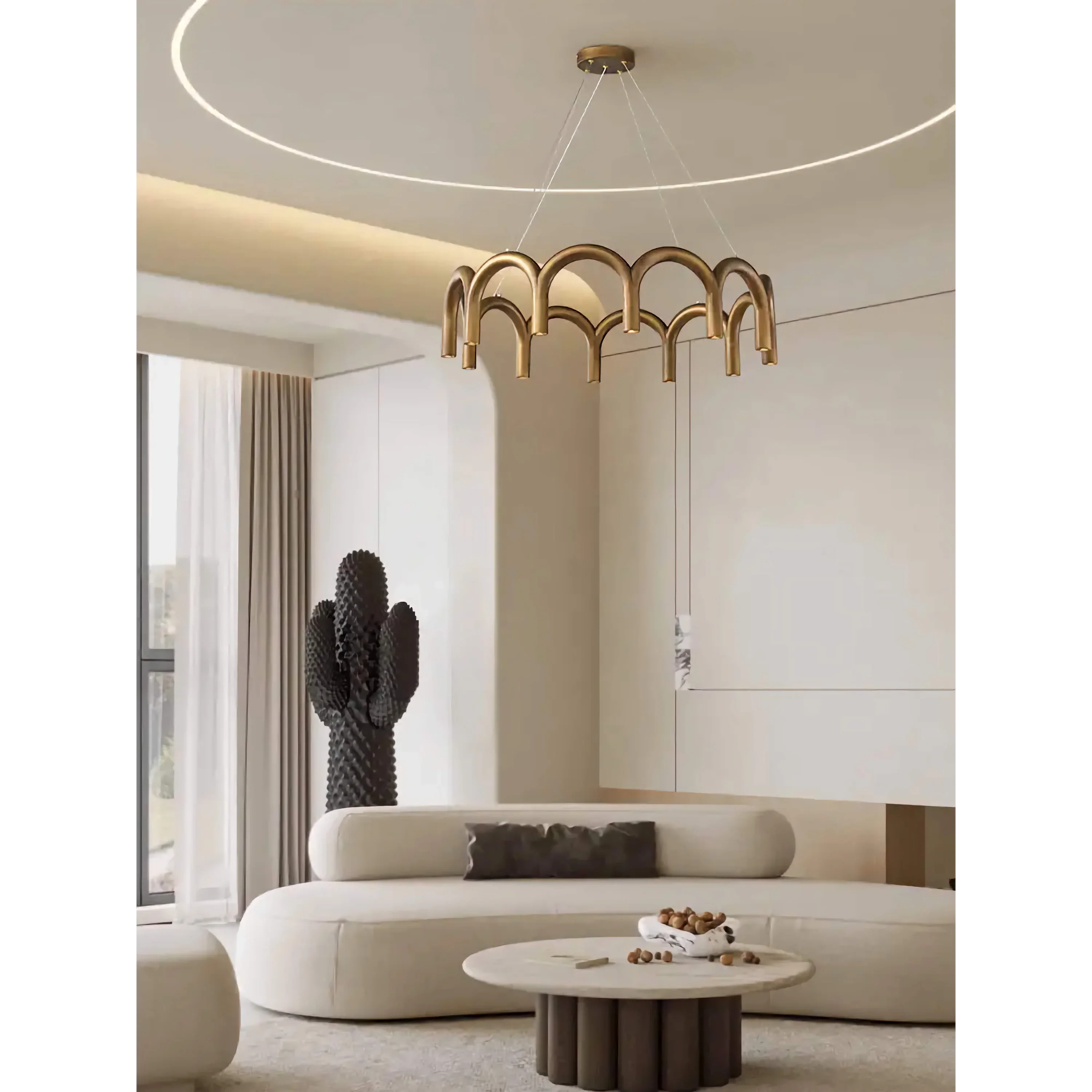 Patinated Brass Arch Chandelier | Modern Sculptural Downlight