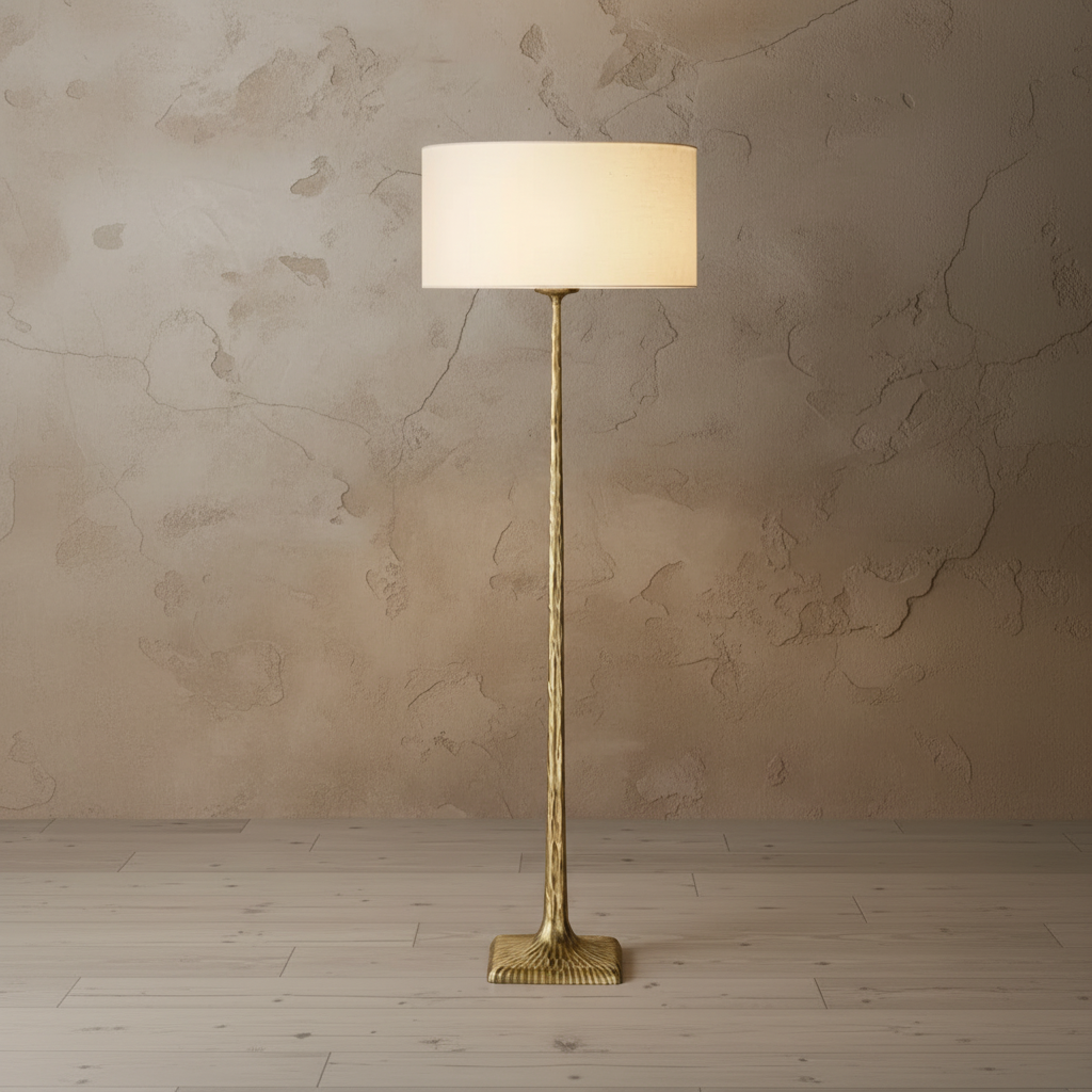 Patinated Brass Floor Lamp Linen Shade | Tall 182cm E26/e27 Dimmable Option Library or Lounge Light Casalola Lights