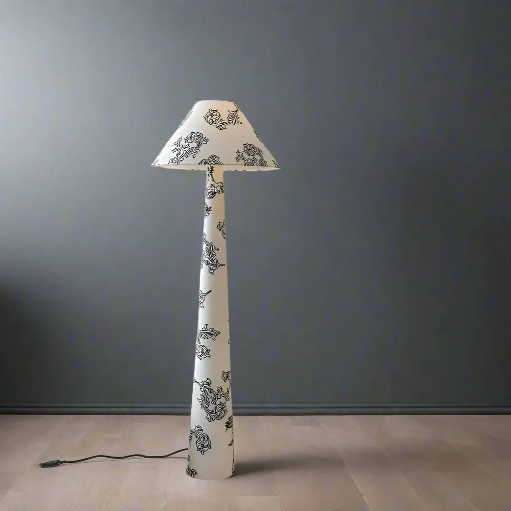 Living Room Floral Cone Floor Lamp in Hand Painted White Ceramic – Scandi Japandi Statement Accent Lighting Soft Glow
