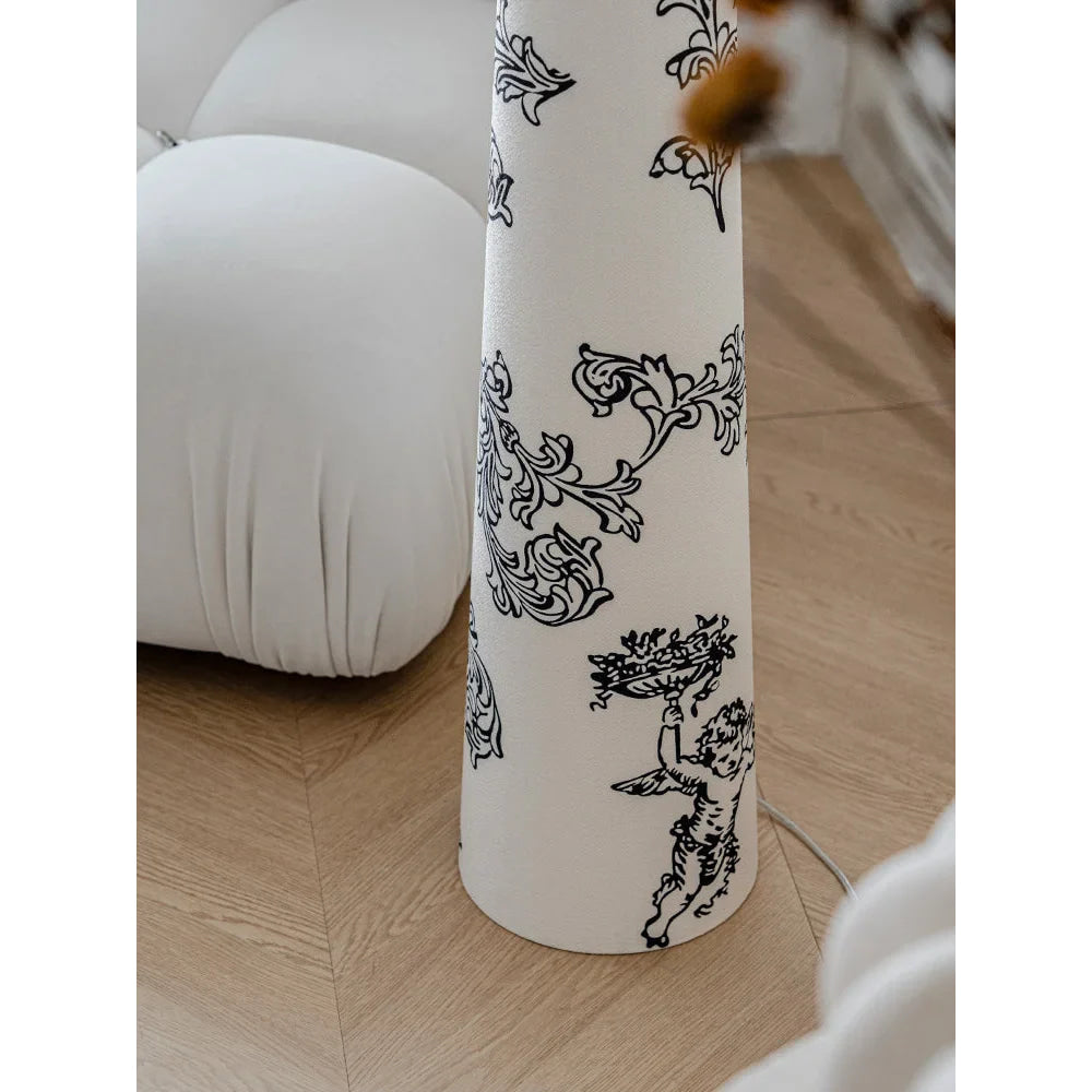 Living Room Floral Cone Floor Lamp in Hand Painted White Ceramic – Scandi Japandi Statement Accent Lighting Soft Glow