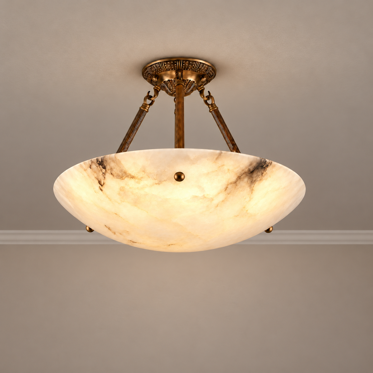 Patterned Rose semi-flush illuminated, with natural alabaster clouds visible through the bowl.