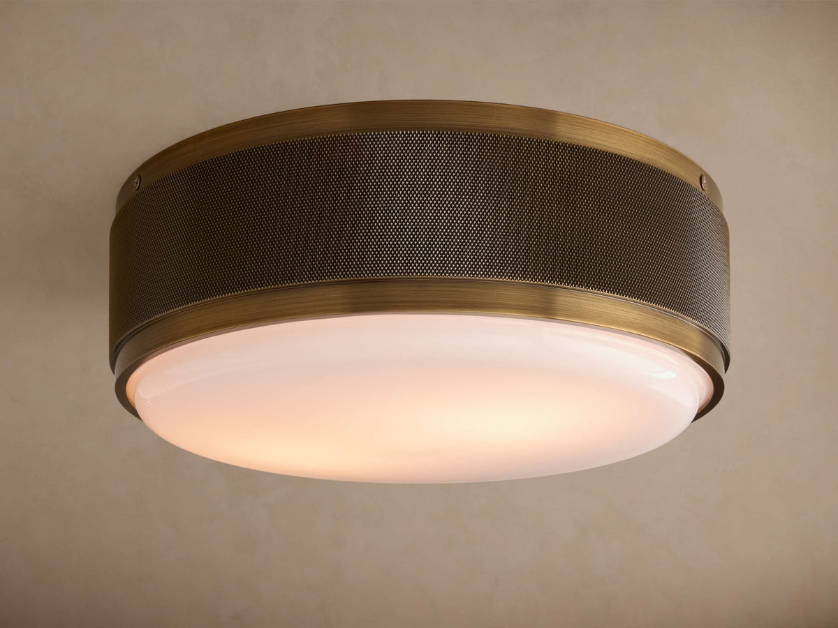 Brass Drum Flush Mount Ceiling Light for Hallway & Kitchen | 13 Inch Perforated Band Opal Glass Modern Casalola Lights