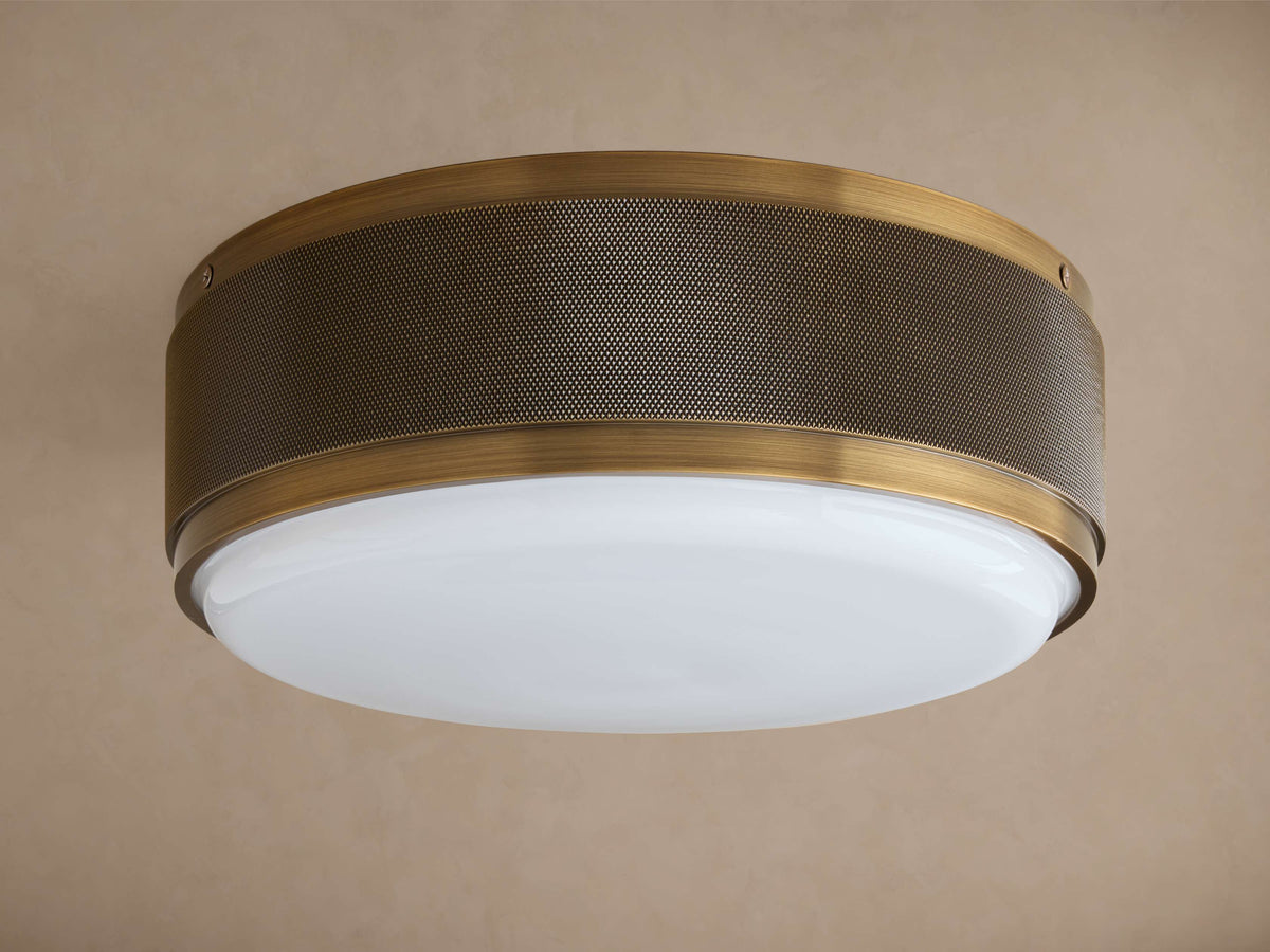 Brass Drum Flush Mount Ceiling Light for Hallway & Kitchen | 13 Inch Perforated Band Opal Glass Modern Casalola Lights