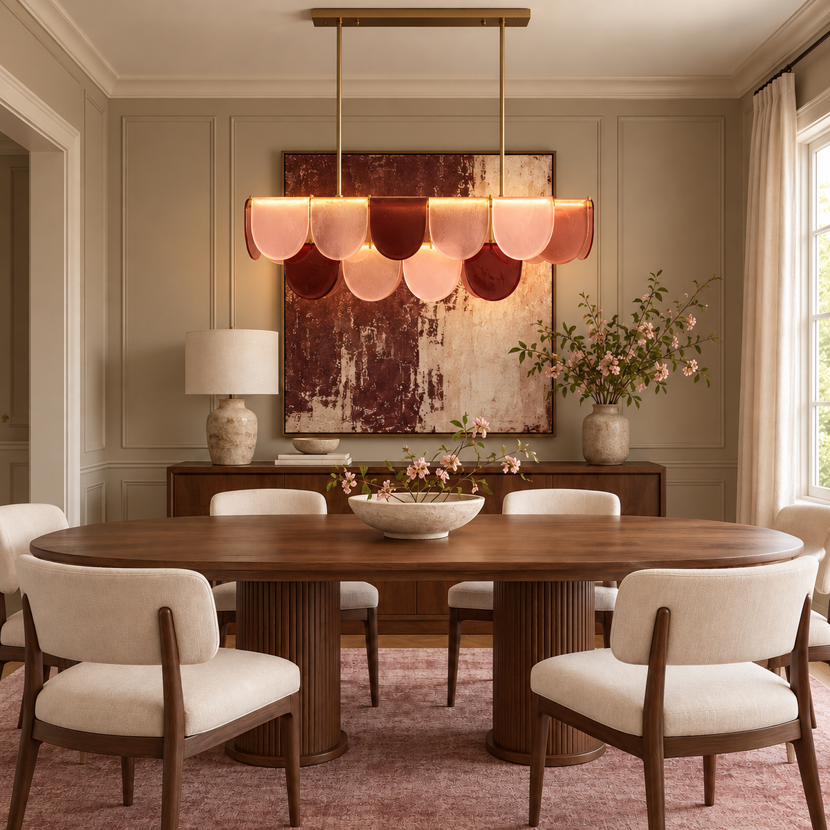 Burgundy Glass Petal Linear Chandelier | Integrated Led Bar no Bulbs in View Two Lengths Brass Casalola Lights Luxury