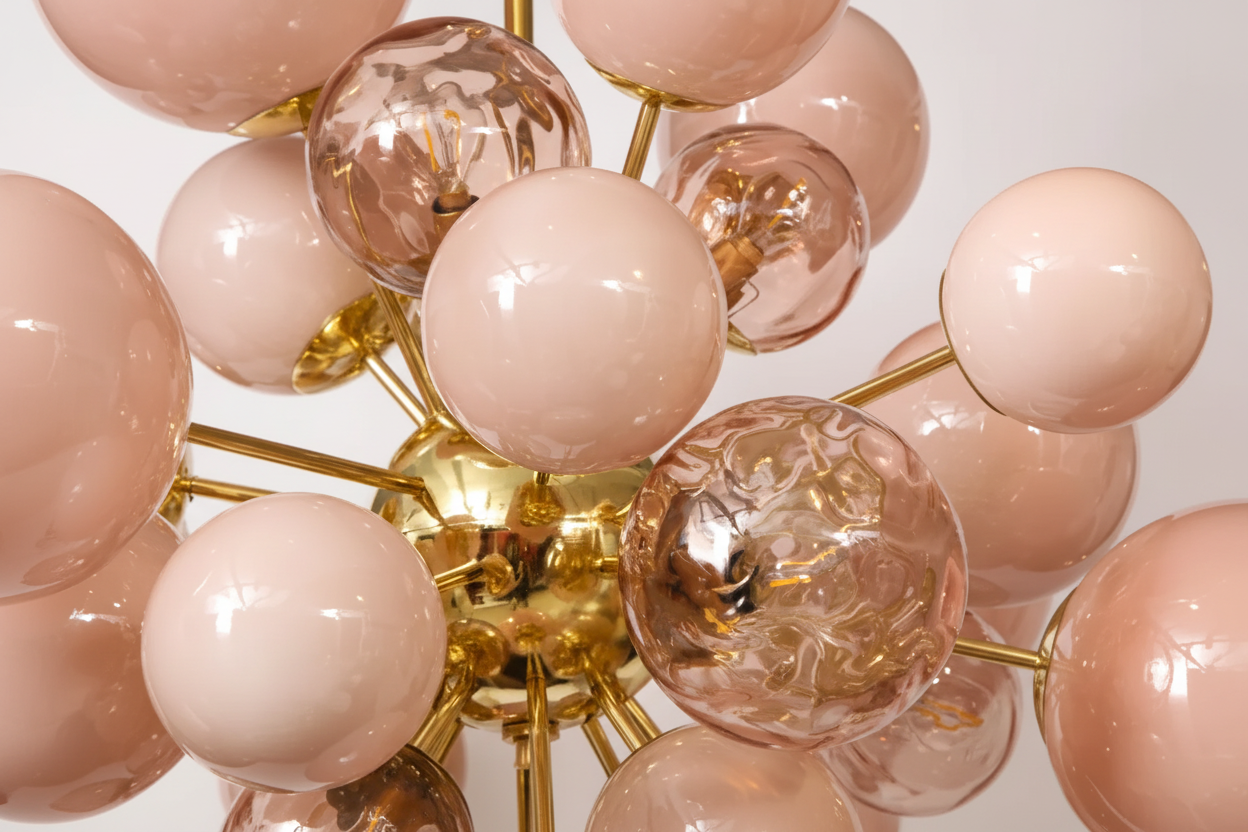 Pink Murano Glass Globe Chandelier in Gold Iron | Luxury Modern Ceiling Light for Bedroom & Living Room Casalolalights
