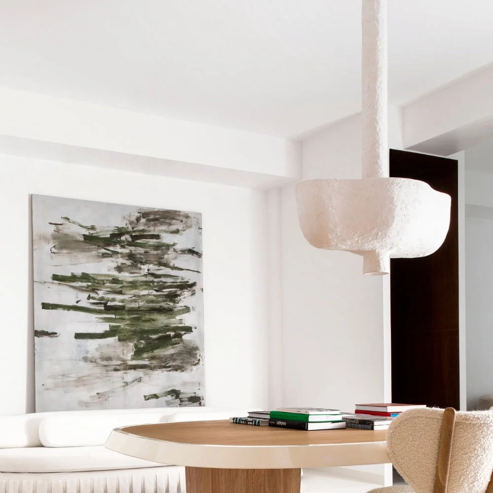 Sculptural Plaster Bowl Chandelier | Hand Finished White Ceiling Light | Monolithic Pendant for Foyer or Gallery Space