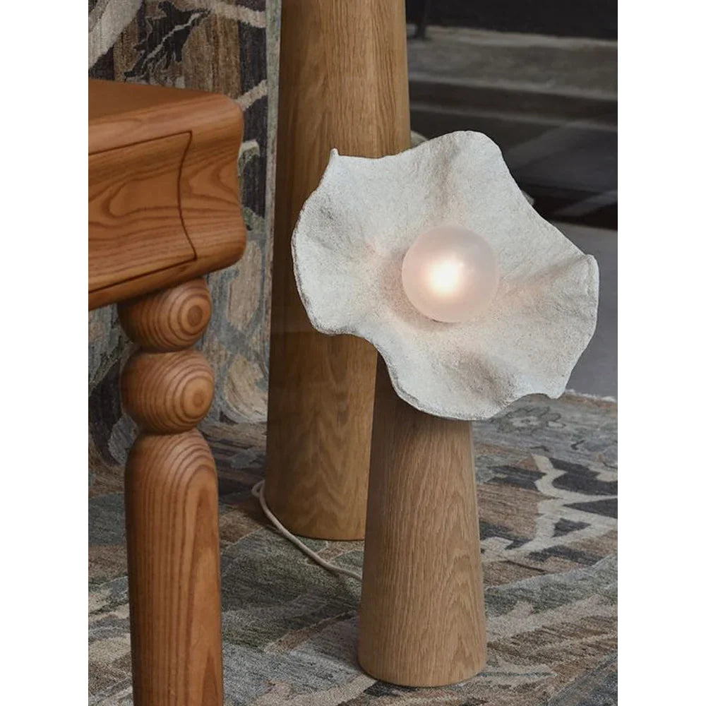 Living Room Sculptural Natural Wood & Plaster Flower Floor Lamp – Organic Modern Statement Lighting