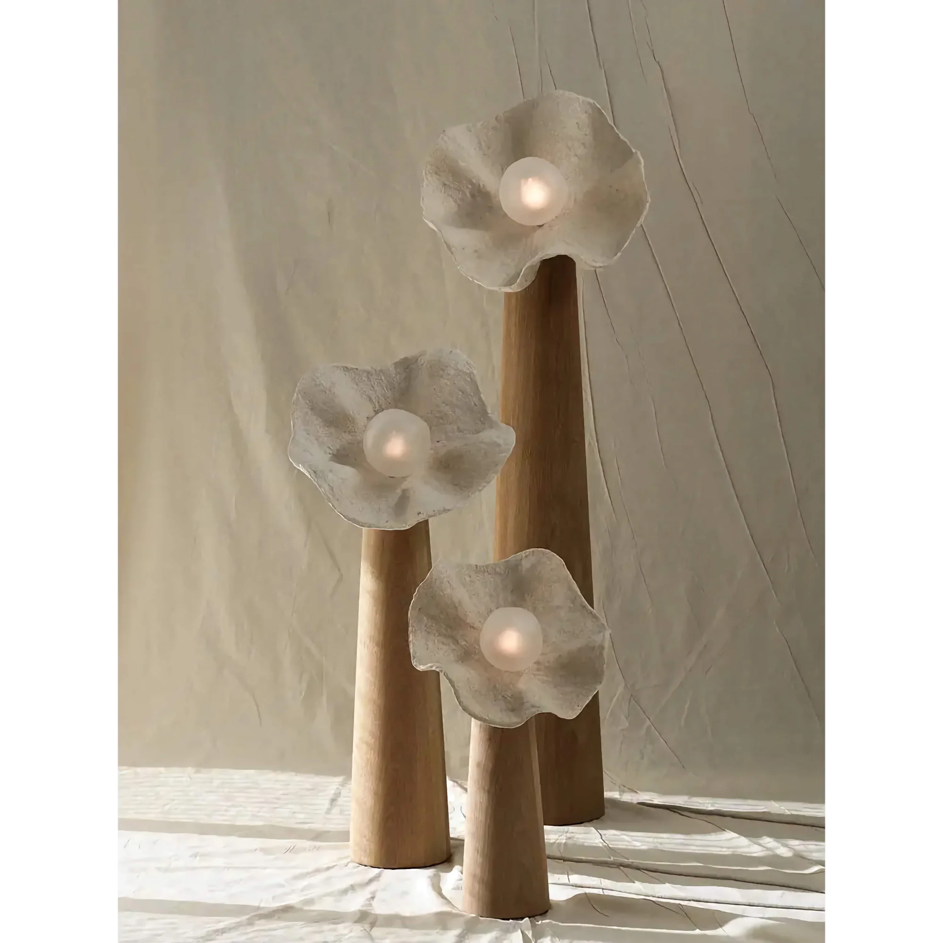 Living Room Sculptural Natural Wood & Plaster Flower Floor Lamp – Organic Modern Statement Lighting