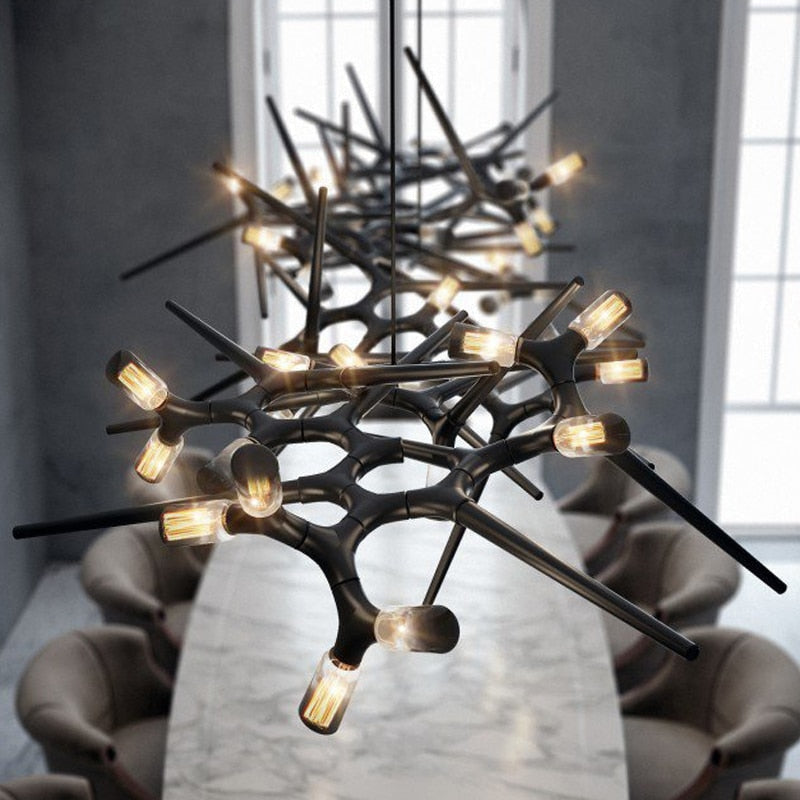 Industrial Modern Chandelier with Exposed Bulbs and Branching Metal Frame – Statement Pendant Light - Chandeliers