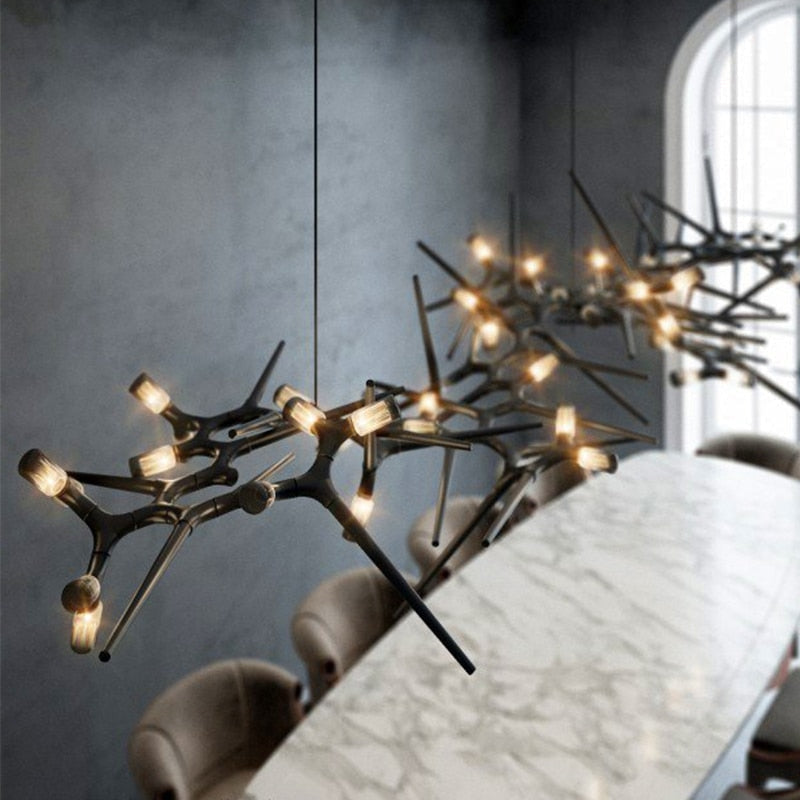 Industrial Modern Chandelier with Exposed Bulbs and Branching Metal Frame – Statement Pendant Light - Chandeliers