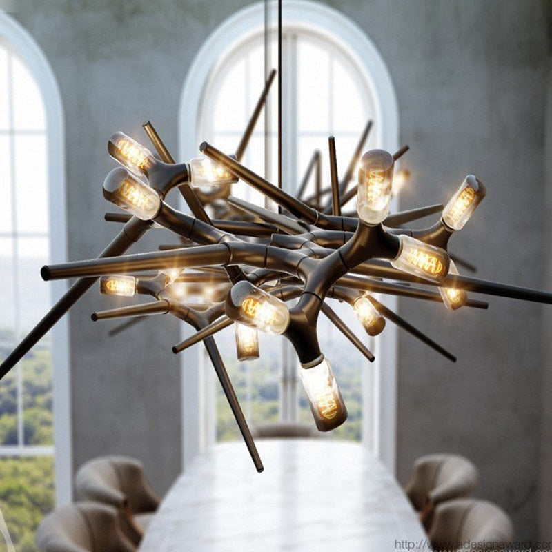 Industrial Modern Chandelier with Exposed Bulbs and Branching Metal Frame – Statement Pendant Light - Chandeliers
