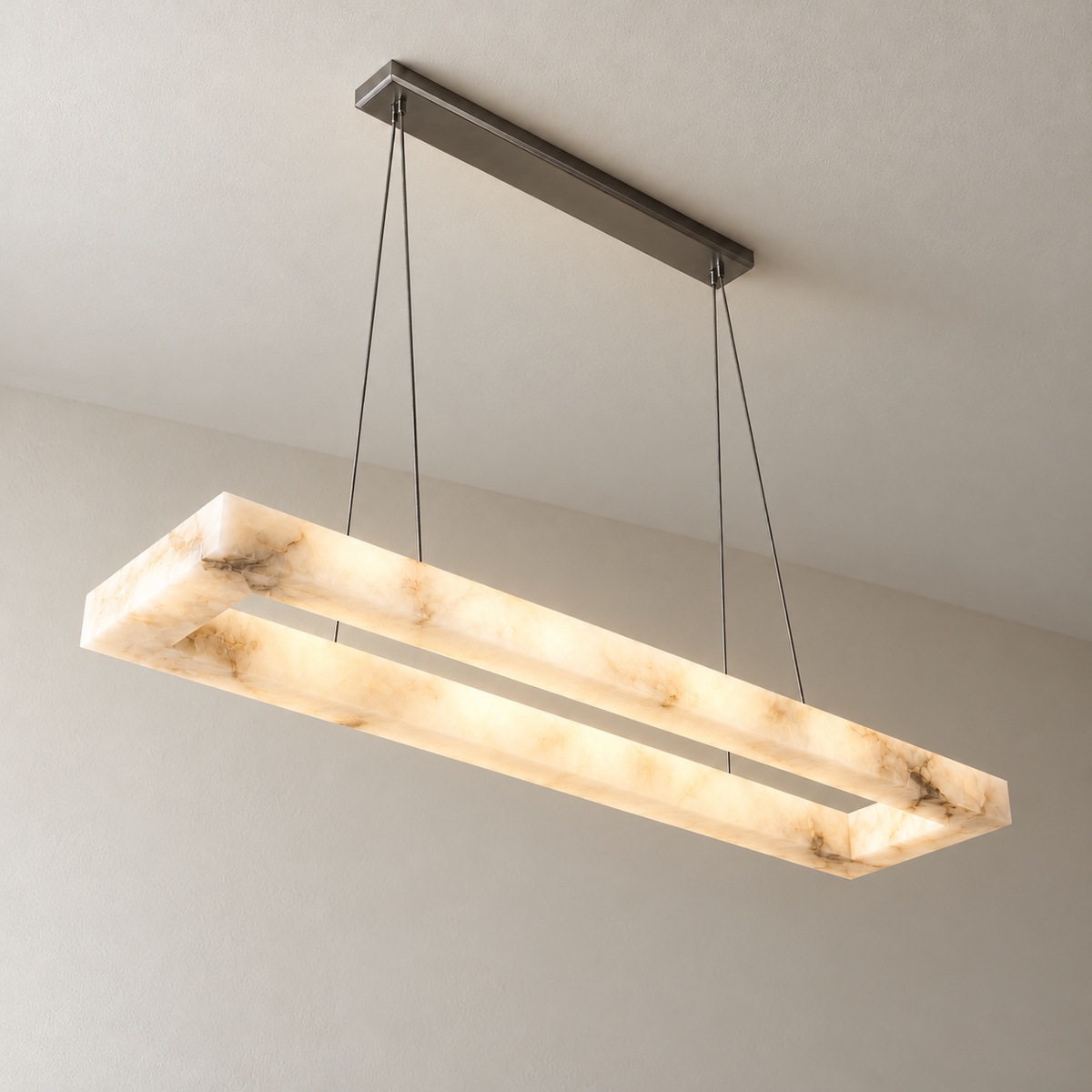 Rectangular alabaster chandelier illuminated with natural mineral patterns visible.