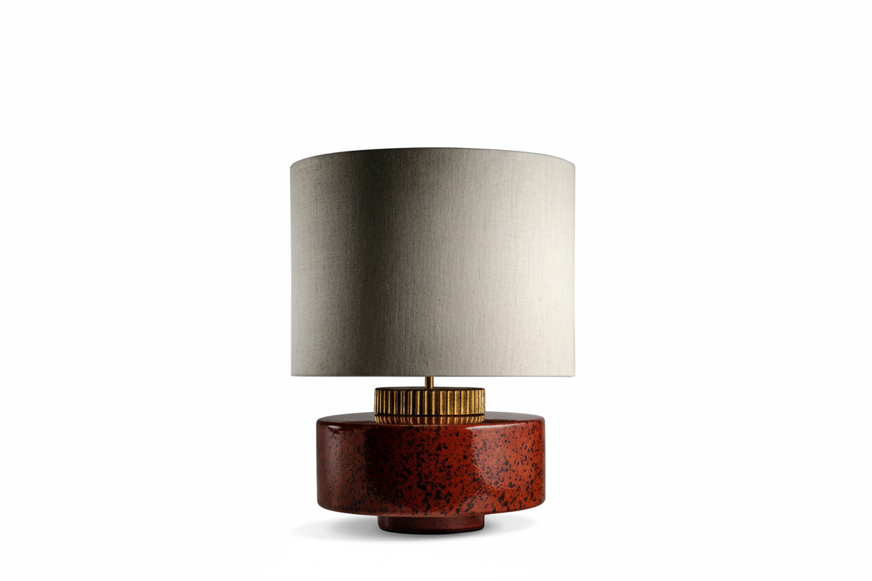 Red ceramic table lamp on a sideboard