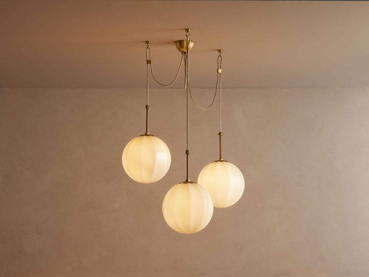 Ribbed Cream Glass Cluster Chandelier Brass | Three Globe Cascade with Adjustable Drops for a Stairwell Casalola Lights