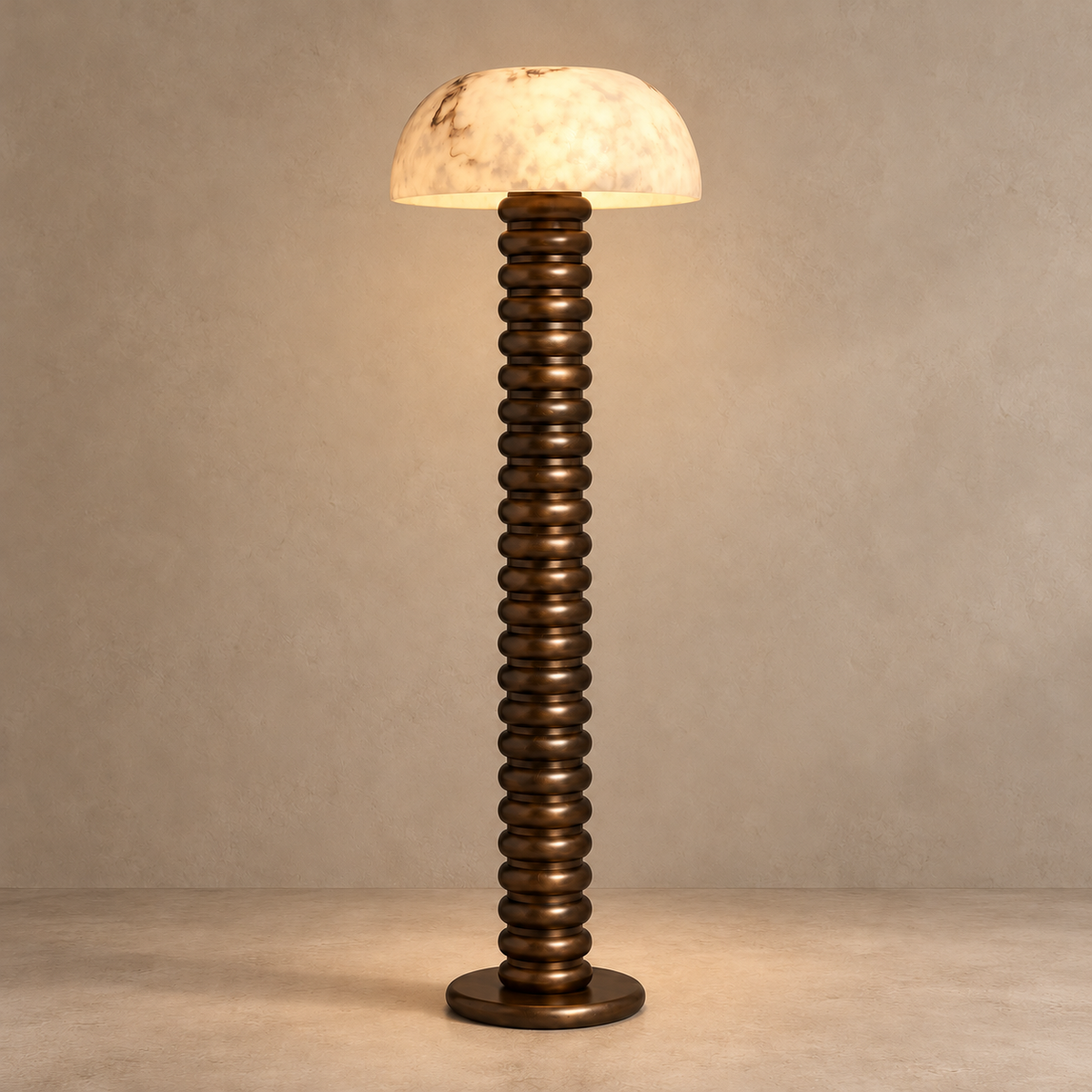 Roma floor lamp illuminated, revealing cloudy mineral markings in its alabaster dome above a ribbed metal column.