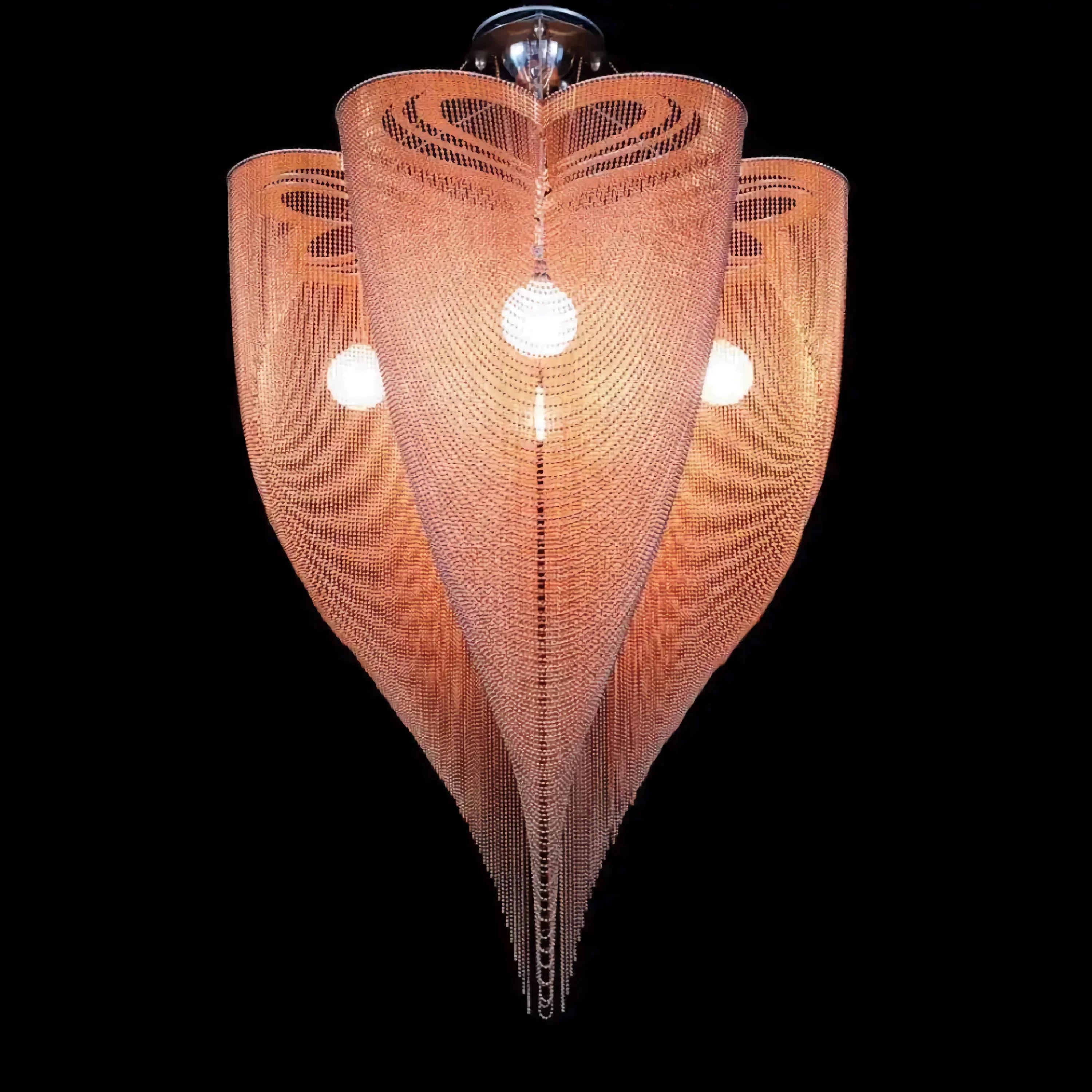Rose gold mesh chandelier from below
