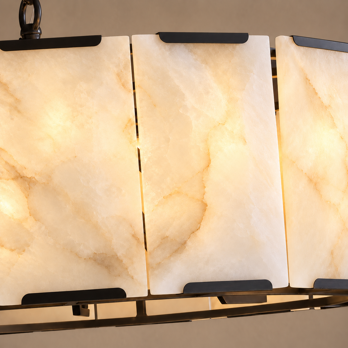 Genuine Alabaster Drum Chandelier Black Steel | Strong Veining Four Sizes Chain for a High Ceiling Casalola Lights