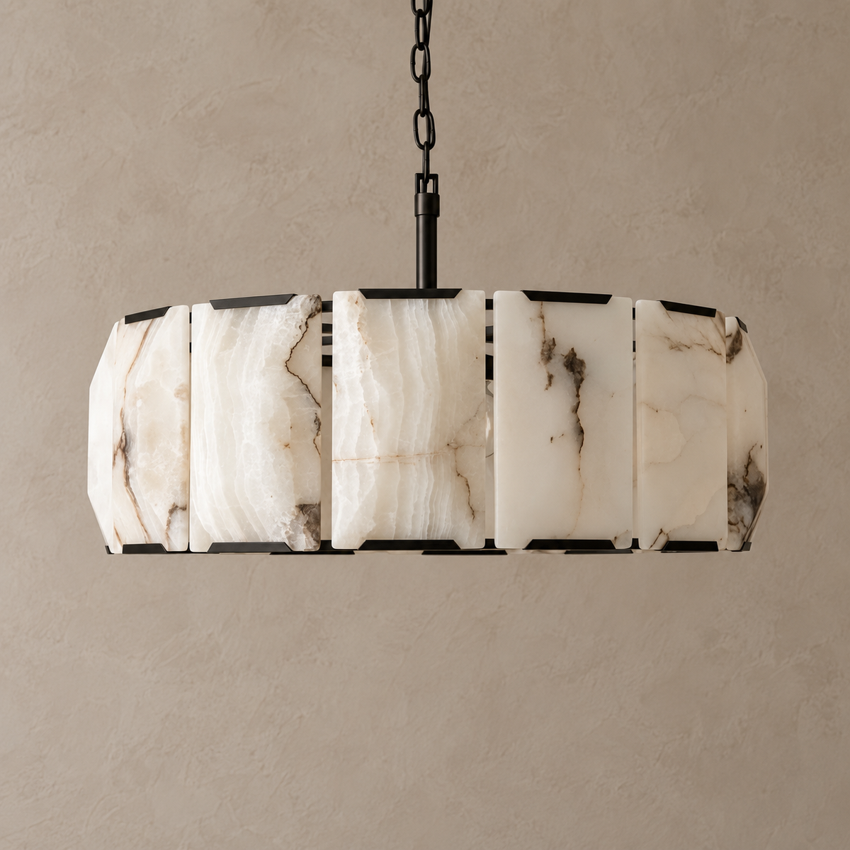 Genuine Alabaster Drum Chandelier Black Steel | Strong Veining Four Sizes Chain for a High Ceiling Casalola Lights