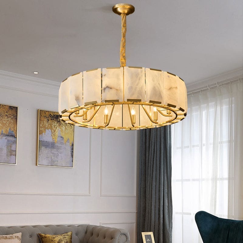 Round Alabaster Halo Chandelier | Brass Modern Entryway Light - Chandeliers