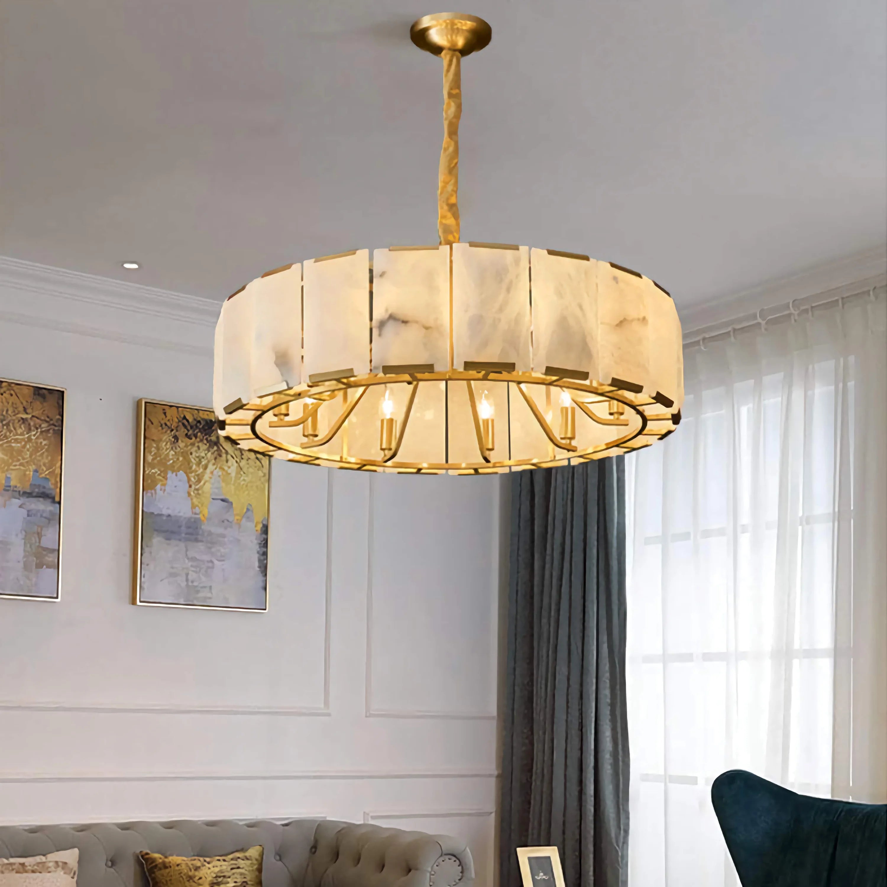 Round Alabaster Halo Chandelier | Drum | Sculptural Lighting for Dining Room or Hospitality