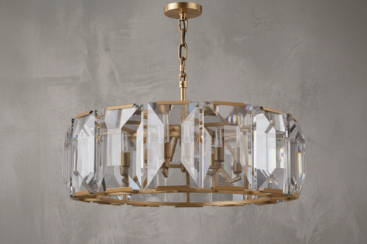 Solid Brass and Crystal Drum Chandelier | Mid-century Modern Luxury | 36-inch Diameter | Casalola Lights Casalolalights