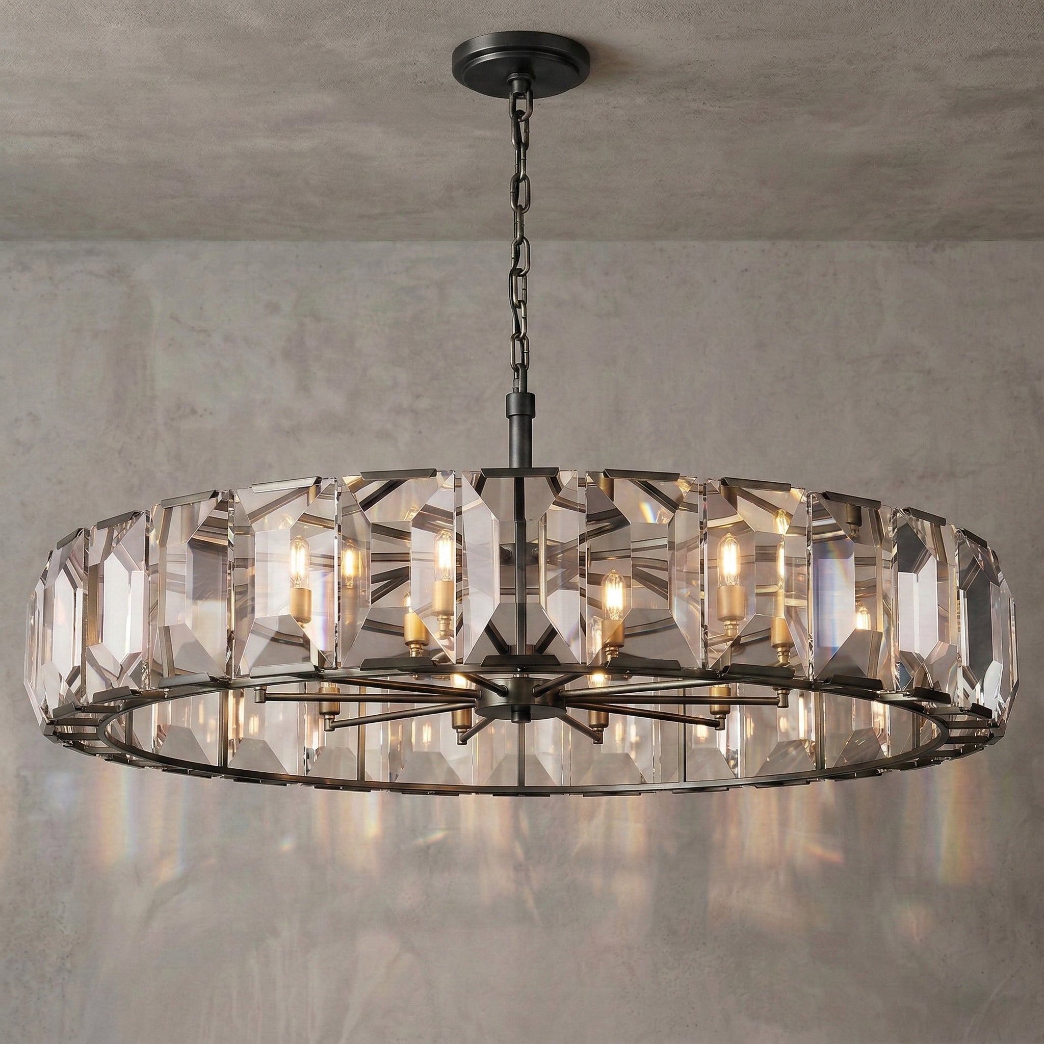 Solid Brass and Crystal Drum Chandelier | Mid-century Modern Luxury | 36-inch Diameter | Casalola Lights Casalolalights
