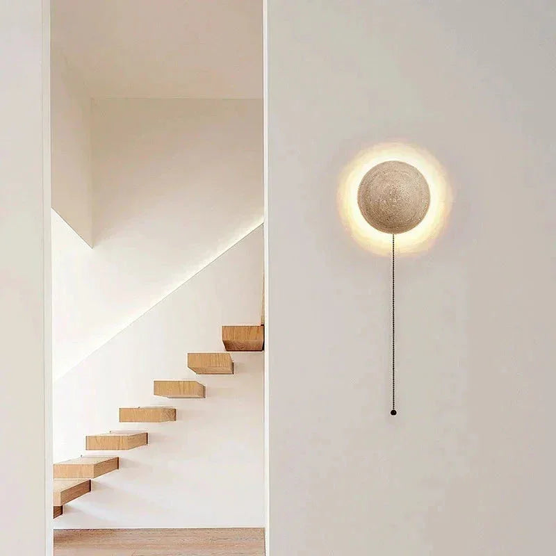 Decorative Wall Sconces with Pull Chain - Japandi Lamps - Round - Natural Marble