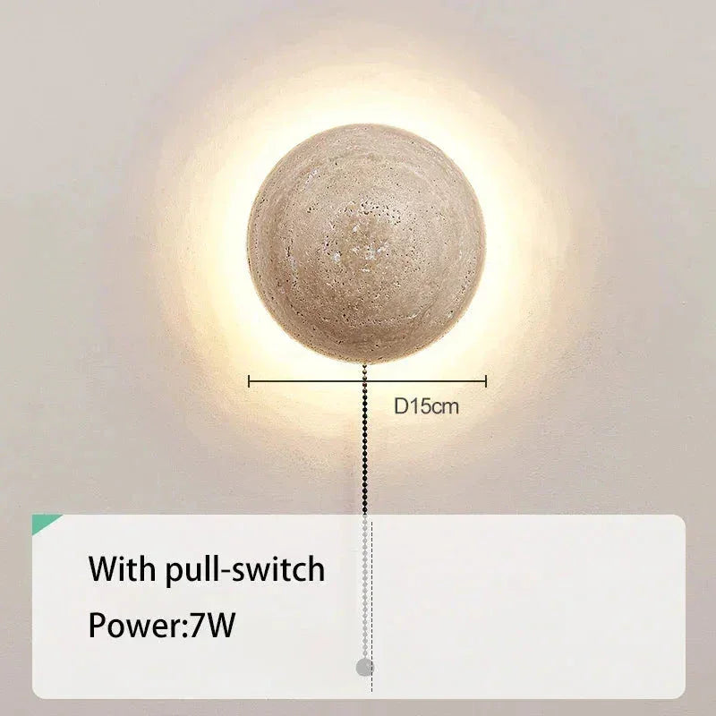 Decorative Wall Sconces with Pull Chain - Japandi Lamps - Round - Natural Marble