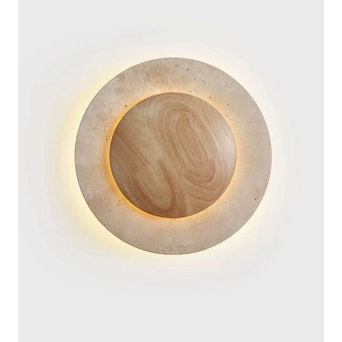 Genuine Travertine Disc Wall Sconce Wood Back | Low Profile Hallway Light 25cm Round 2700k Led Casalola Lights Luxury