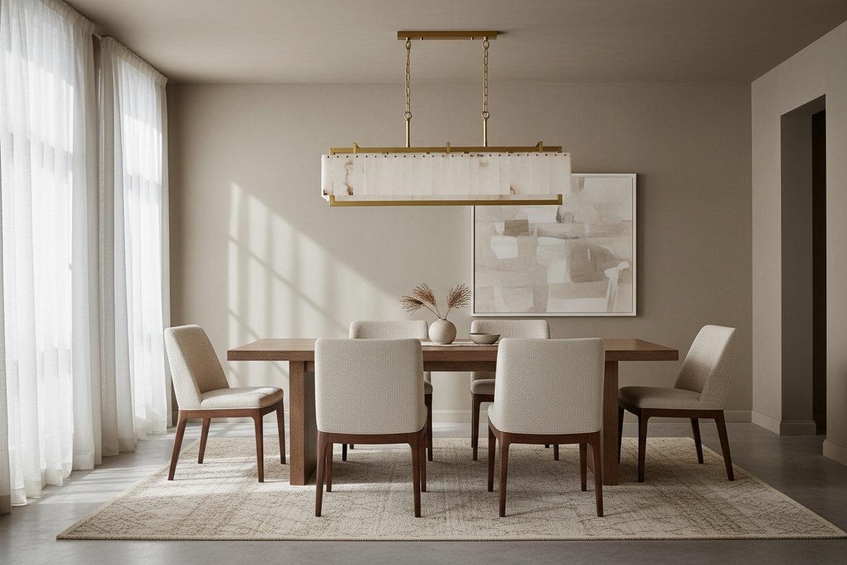 Alabaster Linear Chandelier for Dining Room or Kitchen | Solid Brass Cage 100 Cm (39.4″) Long E14 Lamps Casalola Lights