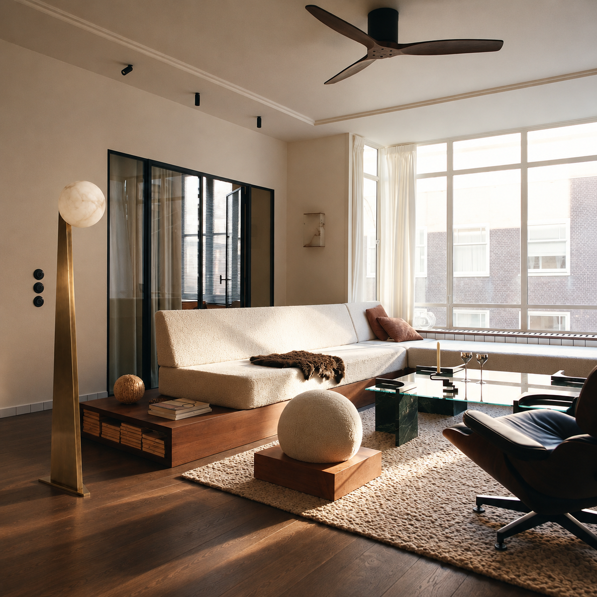 Sculptural brass and alabaster floor lamp beside a sofa on a walnut platform.