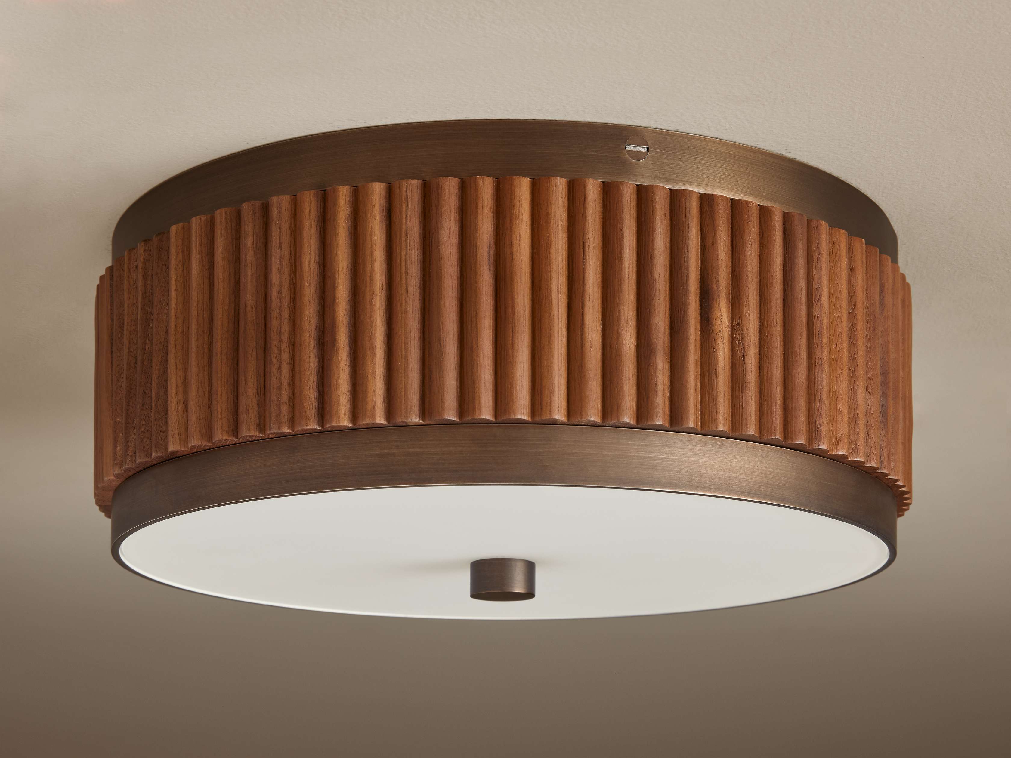 Fluted Walnut and Bronze Flush Mount with Opal Glass Modern Bedroom Hallway or Low Ceiling Light Fixture Casalolalights