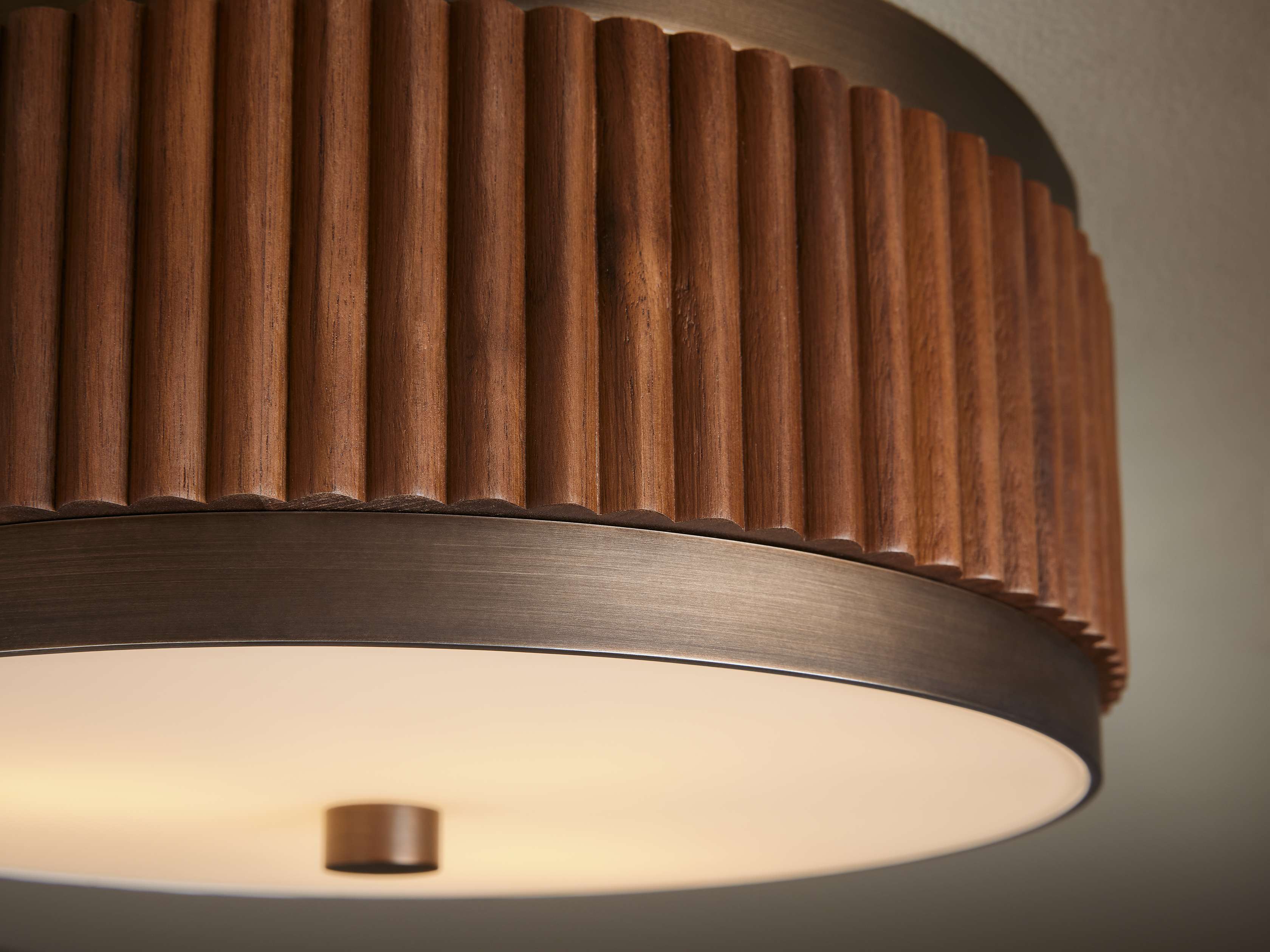 Fluted Walnut and Bronze Flush Mount with Opal Glass Modern Bedroom Hallway or Low Ceiling Light Fixture Casalolalights