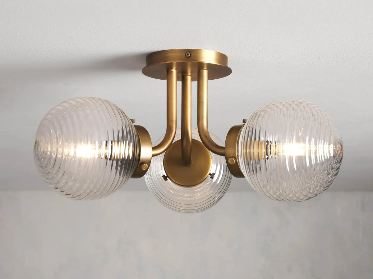 Triple Globe Flush Mount for Bedroom and Hallway | Ribbed Glass Brass Mid-century Casalola Lights Luxury Lamps Interior