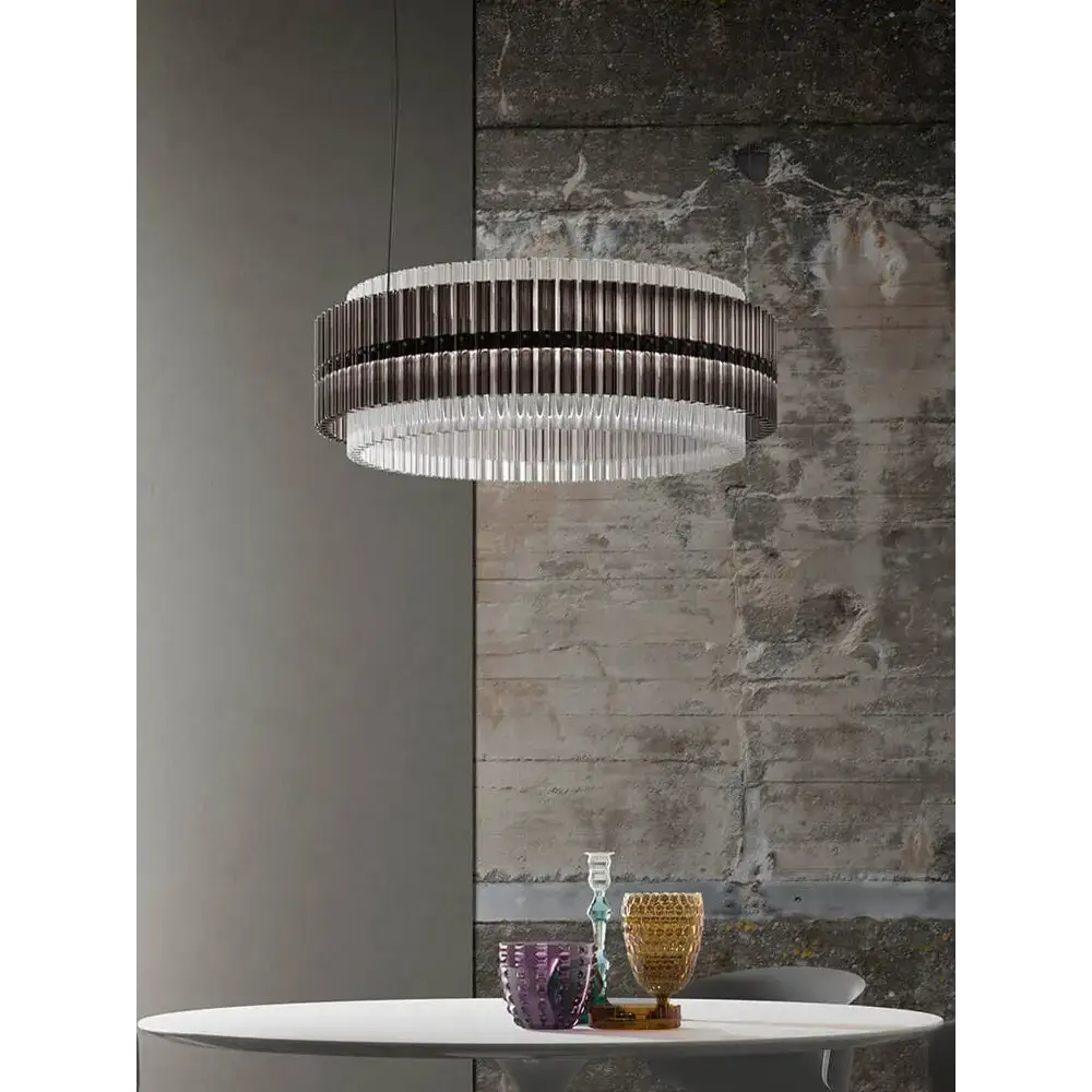 Smoked Glass Drum Chandelier | Tiered Modern Crystal Statement Light - Chandeliers