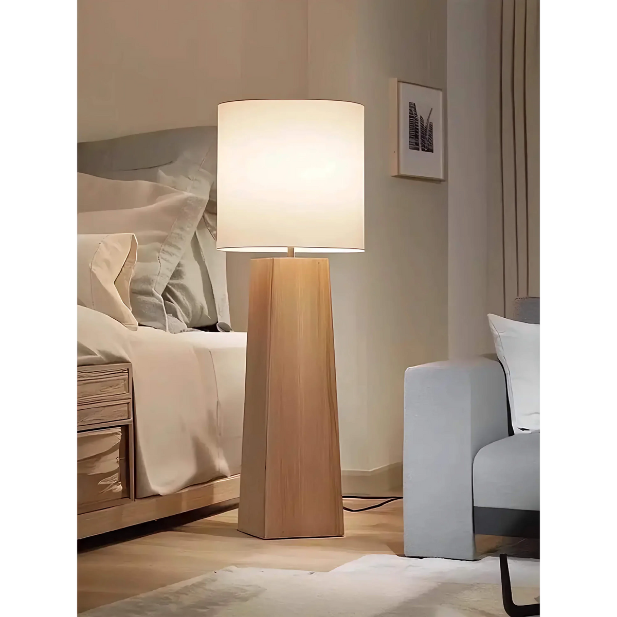 Solid Wood Column Floor Lamp Linen Shade | 3 Heights E26/e27 Dimmable Option Warm 2700k Casalola Lights Luxury Lamps