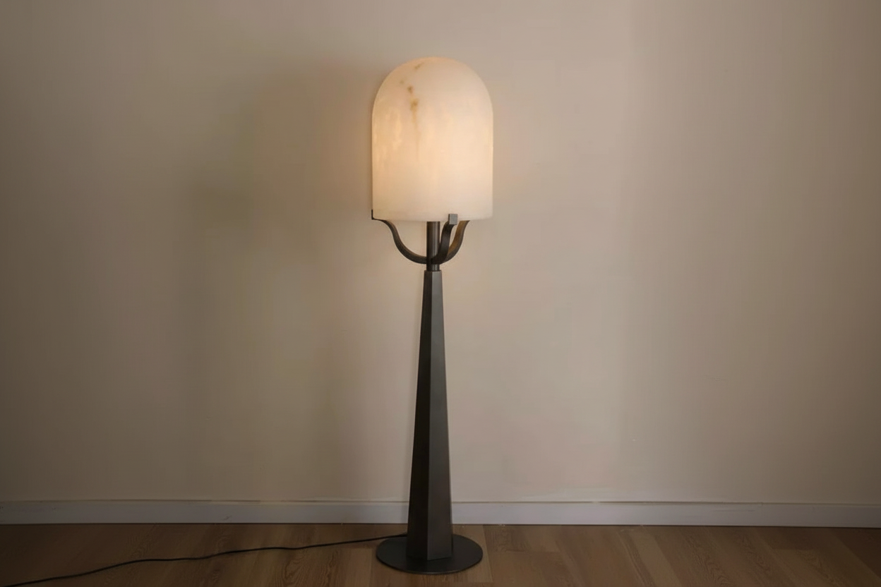 Solid Italian Alabaster Dome Floor Lamp | Art Deco Iron Base | 150cm Organic Luxury Lighting | Casalola Lights