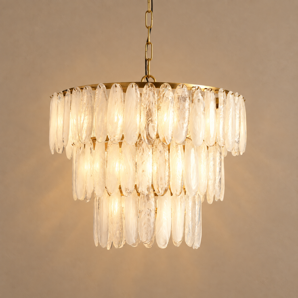 Swirled Glass Tiered Chandelier Brass | Tall Three Tier Form for an Entryway or Stairwell Custom Chain Casalola Lights