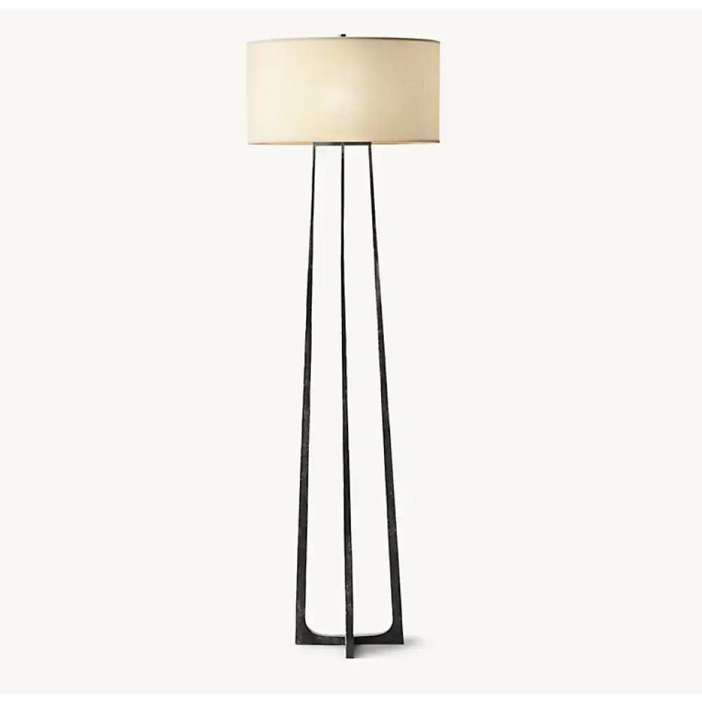 Black Hand-forged Iron Tripod Floor Lamp | Sculptural Drum Shade - Lamps