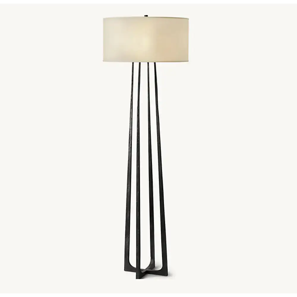 Black Hand-forged Iron Tripod Floor Lamp | Sculptural Drum Shade - Lamps
