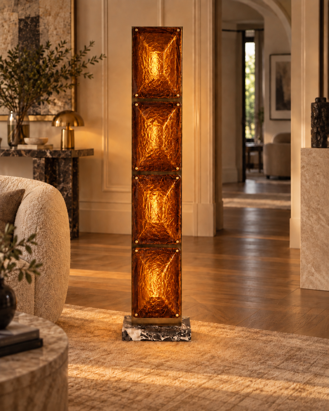 Amber Tapered Glass 4 Light Floor Lamp Brass Base | 160cm Tall E26/e27 Dimmable Option Art Deco Casalola Lights Luxury